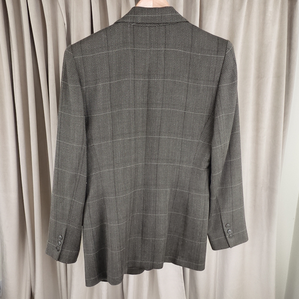 Vintage Wool Ellen Tracy Green Herringbone and Plaid Wool Blazer - Picture 6 of 8